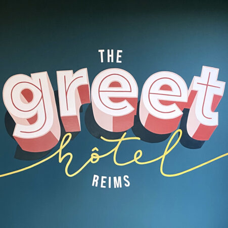 hotel, greet, fresque murale, graphisme, logotype, logo, christine sejean, graphiste, peintre en lettres, reims